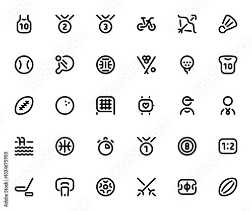 Sports icon set. Minimal line icons collection. Incldes symbols for basketball football, swimming, golf,tennis, medal, winner, coah and more. Editable vecto illustration.