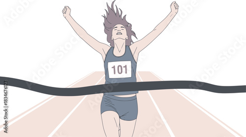 Woman runner crossing the finish line. Vector illustration of athletic looking female runner running. Transparent background EPS version.