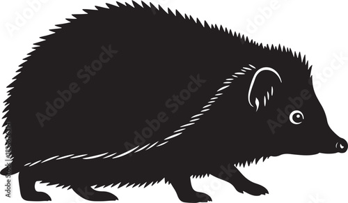 Hedgehog silhouette isolated vector illustration: detailed black spiny mammal on clean white background, side view