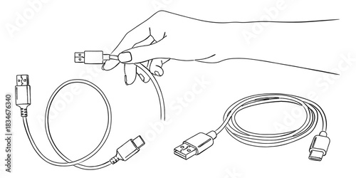 USBケーブルを持つ手のイラストセット（Type-C・充電）,コネクタ,データ転送,接続,ガジェット,シンプル,ベクター,線画