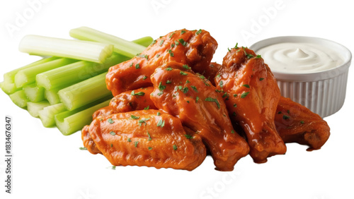 Buffalo chicken wings with celery sticks and ranch dip isolated on transparent background