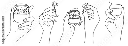 ワイヤレスイヤホンと充電ケースを持つ手のイラストセット,Bluetooth,オーディオ,ガジェット,音楽,シンプル,ベクター,線画
