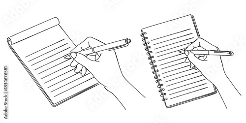 ペンでメモ帳・ノートに書き込む手のイラストセット,勉強,ビジネス,筆記,記録,文房具,シンプル,ベクター,線画