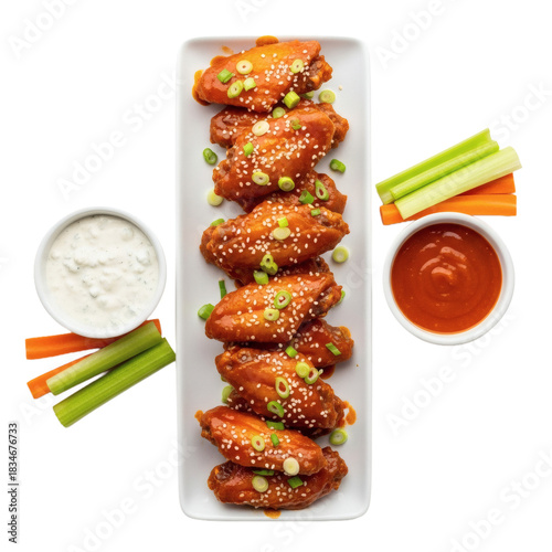 Delicious chicken wings with dipping sauces and vegetable sticks isolated on transparent background