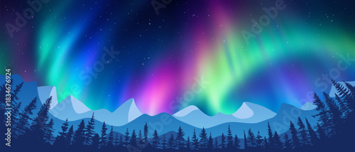 Winter landscape with aurora borealis, night starry sky, mountains and forest, vector illustration