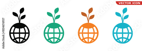 Promote ecological balance with sprouting globe icons set,global environment icon set. environmentally friendly and eco symbols. sprout with leaves and earth globe.

