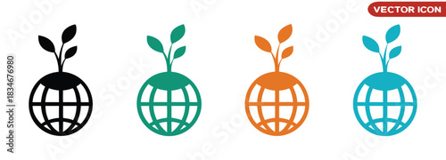 Promote ecological balance with sprouting globe icons set,global environment icon set. environmentally friendly and eco symbols. sprout with leaves and earth globe.
