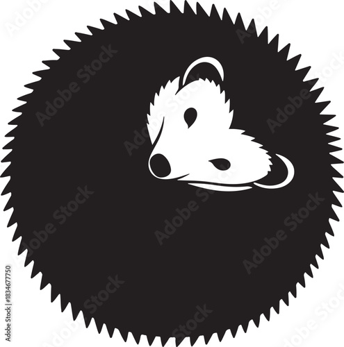 Minimalist vector illustration of a shy hedgehog curled up in a ball, showcasing its face and sharp spines.