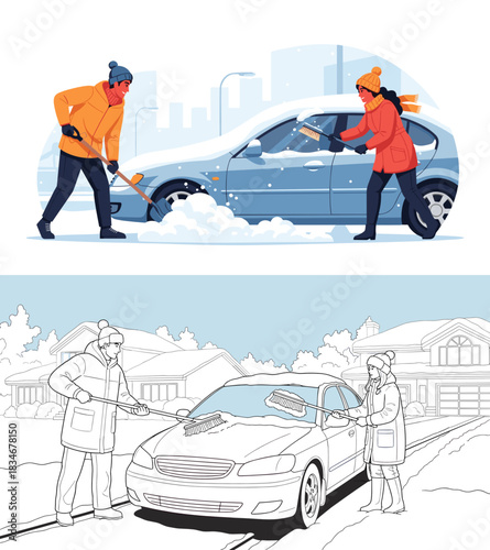 Vector set of couple clearing snow from car including outline version for winter coloring book