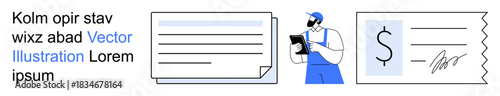 Billing systems, digital payments, business transactions, technician services, financial paperwork, invoice processing. A technician holding a tablet, invoice and payment slip. Billing systems