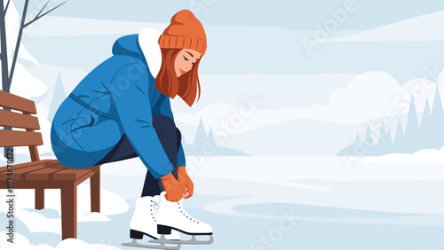 Young woman sitting on bench tying skates near frozen lake for winter sports illustration