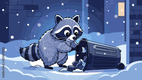 Cartoon raccoon by trash bin snow looking for food scraps in winter city street