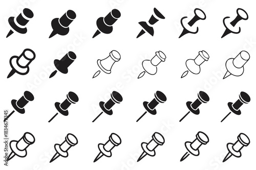 Collection of Black and White Push Pin Icons Perfect for Office Supplies Stationary Design Projects
