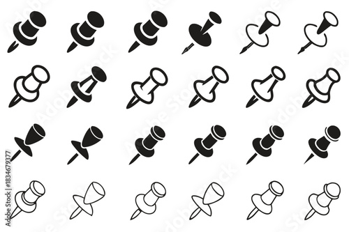 Collection of Black and White Push Pin Icons Perfect for Office Supplies Stationary Design Projects
