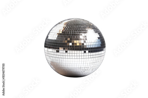 Shining disco ball reflects light on the dance floor and night concept.