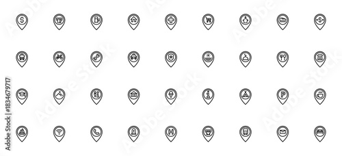 Placeholder_5629 icon set. Vector illustration. Incldes symbols for money, creit card, hotel, restaurant shopping, taxi, wifi, ATM and more. Editable stroke