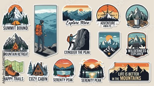 Collection of Mountain Adventure Stickers and Badges for Outdoor Enthusiasts.