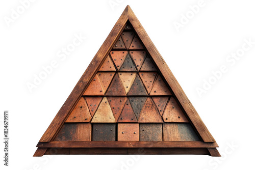Wooden Triangle Sculpture with Geometric Art and Textured Surfaces