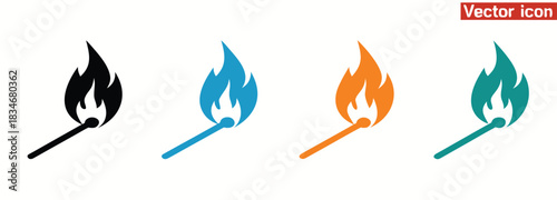 Match fire line icon vector illustration set.Striking matches ignite flames in various colors for innovative designs,Burning matchstick, fire match, matchstick on fire, isolated on white background
