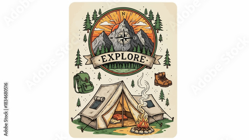Vintage outdoor adventure illustration with camping tent and mountain emblem.
