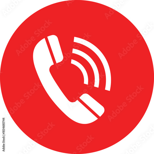 White telephone handset icon with sound waves on red circle call communication