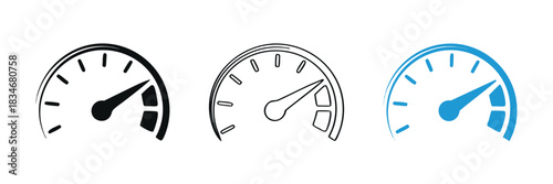 Speedometer icons. Speed indicator. Speedometers icons set. Speed guage. Risk indicator. Risk meter,Speedometer gauge showing performance level in black, white and blue,
