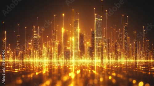 Golden futuristic city skyline at night, glowing reflection