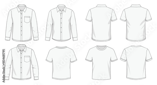 Various blank white shirt templates, showcasing front and back views of long-sleeve button-up shirts, polo shirts, and t-shirts.