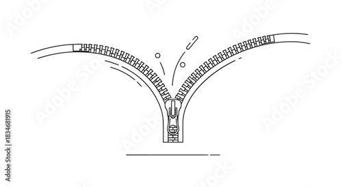 Minimalist line art illustration of a zipper unzipping and curving outwards, creating an open path with small elements emerging.