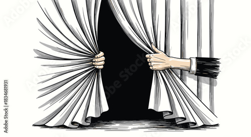 Hands pull open white stage curtains, one hand behind bars, revealing a dark unknown, symbolizing freedom, discovery, or opportunity.