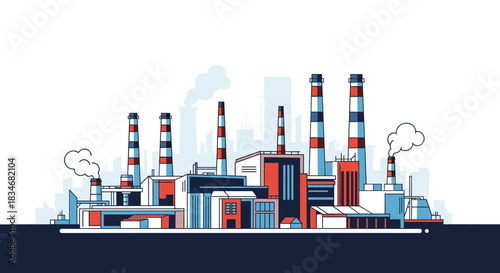 Modern industrial factory complex with smokestacks emitting smoke against a city skyline, representing production and energy generation.