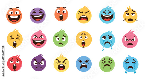 A diverse collection of colorful cartoon emojis expressing a wide range of human emotions such as joy, sadness, anger, and surprise.