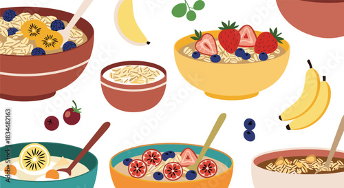 Assortment of healthy breakfast oatmeal bowls topped with fresh fruits like berries, kiwi, and bananas, ideal for a nutritious meal.