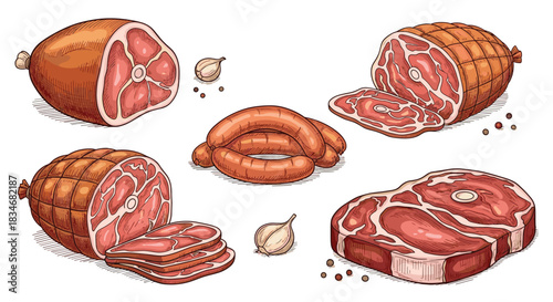 Assortment of fresh and processed meat products including ham, sausages, a raw steak, and netted roasts with garlic and peppercorns.