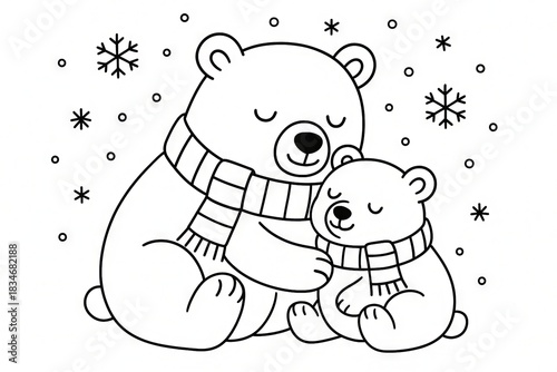 Adorable christmas coloring page featuring two cartoon bears in winter scarves surrounded by snowflakes. concept of holiday activity, cute illustration, family fun