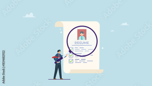Smart businessman hiring manager using magnifying glass tor review resume. Candidate resume review by HR human resources hiring manager, employment or searching for talent and new staff.
