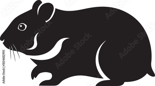 Silhouette of a small rodent, possibly a hamster, in a solid black stylized graphic illustration on a clean white background.