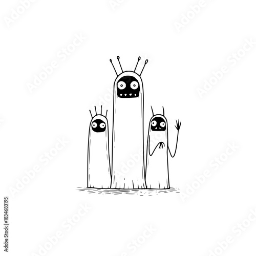 Three cute cartoon ghosts standing together in a group illustration style drawing art design vector 100 character title