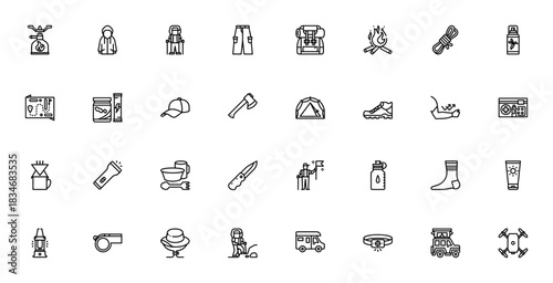 Camping and trekking icon set. Vector outdoor icons ack. Includes symbols for ent, backpack, axe, map, frst aid, flashlight, gas, ope and more.
