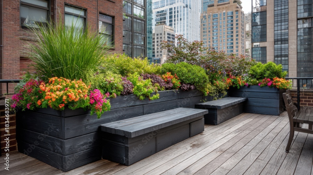 Obraz premium Vibrant Rooftop Garden with Colorful Flowers and Cozy Seating in Urban Landscape