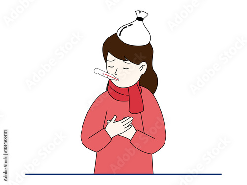 Young woman suffering from symptoms of a cold or flu, such as fever and chills. Healthy problems vector illustration. Flat illustration.
