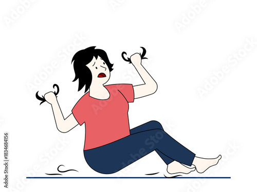 A woman sits on the floor experiencing hair loss. Healthy problems vector illustration. Flat illustration.
