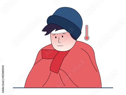 A person is bundled up in warm clothing experiencing symptoms of being cold or having a common cold, such as a fever or shivering. Healthy problems vector illustration. Flat illustration.