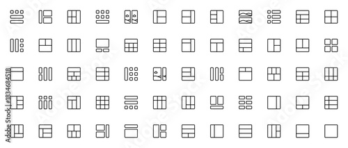 Grid layout icon set. Web design vector collection. eatures thumbnails, interfce, sidebar, layout, sectins, blocks, list, header, ooter and more. Editable lnear icons.