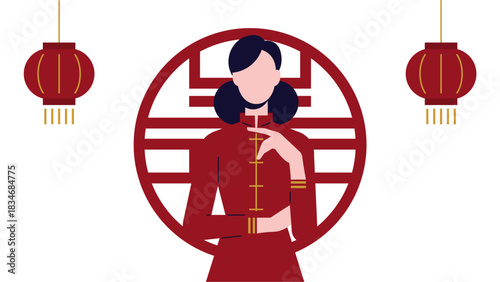 Elegant Woman with Modern Feng Shui Circle in Chinese New Year Flat Illustration