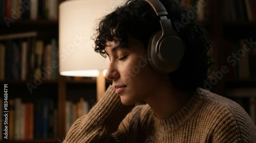 Young person relaxing, listening to calm music with headphones in a cozy library setting.