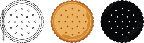 Round Scalloped Cracker or Biscuit Icon Set - Outline, Color, and Silhouette Vector