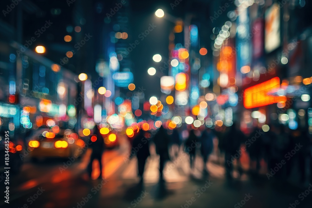 Fototapeta premium Blurry night street scene, vibrant colorful lights illuminating a bustling city street. Pedestrians and vehicles are softly blurred, showcasing a busy urban atmosphere. High quality