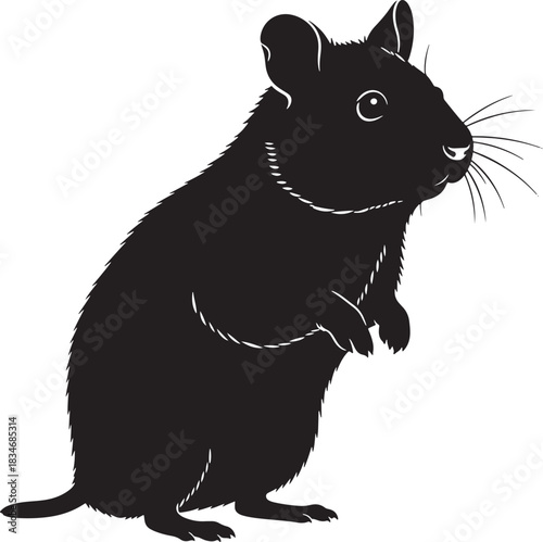 Detailed vector silhouette illustration of a small rodent, standing on its hind legs with whiskers, side profile.