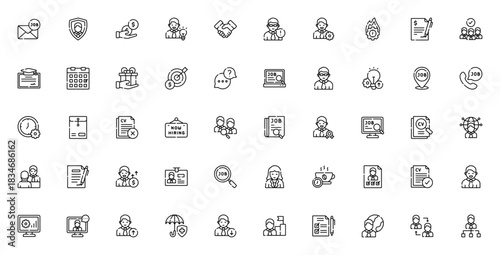 Employment icon set. Business vector icons pack. Incudes symbols for job, emplyee, salary, interview, hiing, contract, career, prootion, team, manager and mre. Editable stroke.
